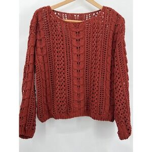 Rust Red Open Knit Cable Stitch Sweater Women M Boho Pointelle Cozy